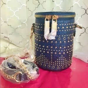 Denim and Gold studded cylinder mini bag